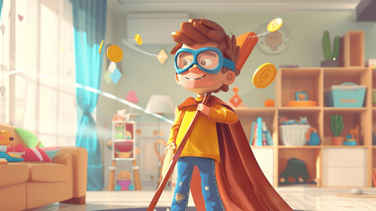 Child doing chores like a superhero and earning money