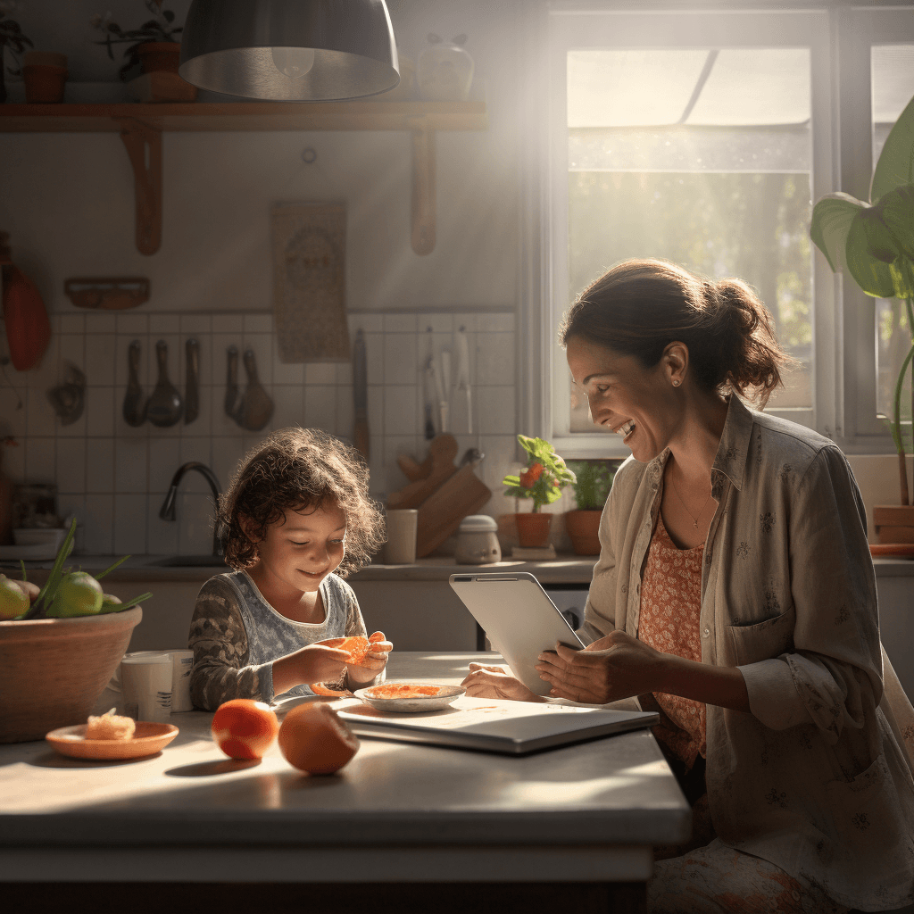 Child washing dishes using chore-tracking app with supportive parent in the background